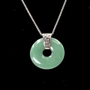 Jadeite Circle Pendant 1.5” Vintage Sterling Silver Bail And Chain 24”